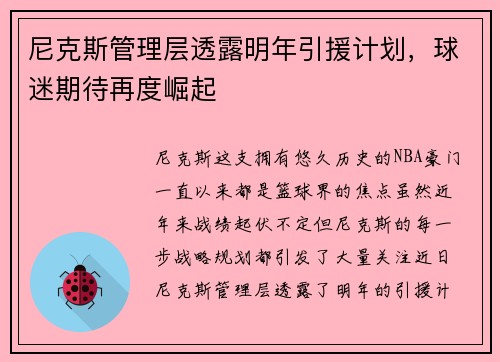 尼克斯管理层透露明年引援计划，球迷期待再度崛起